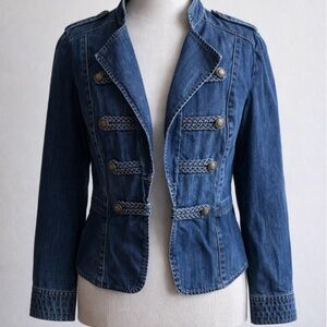 Military style Chico's Denim  Style Jacket With Braided Button Detail